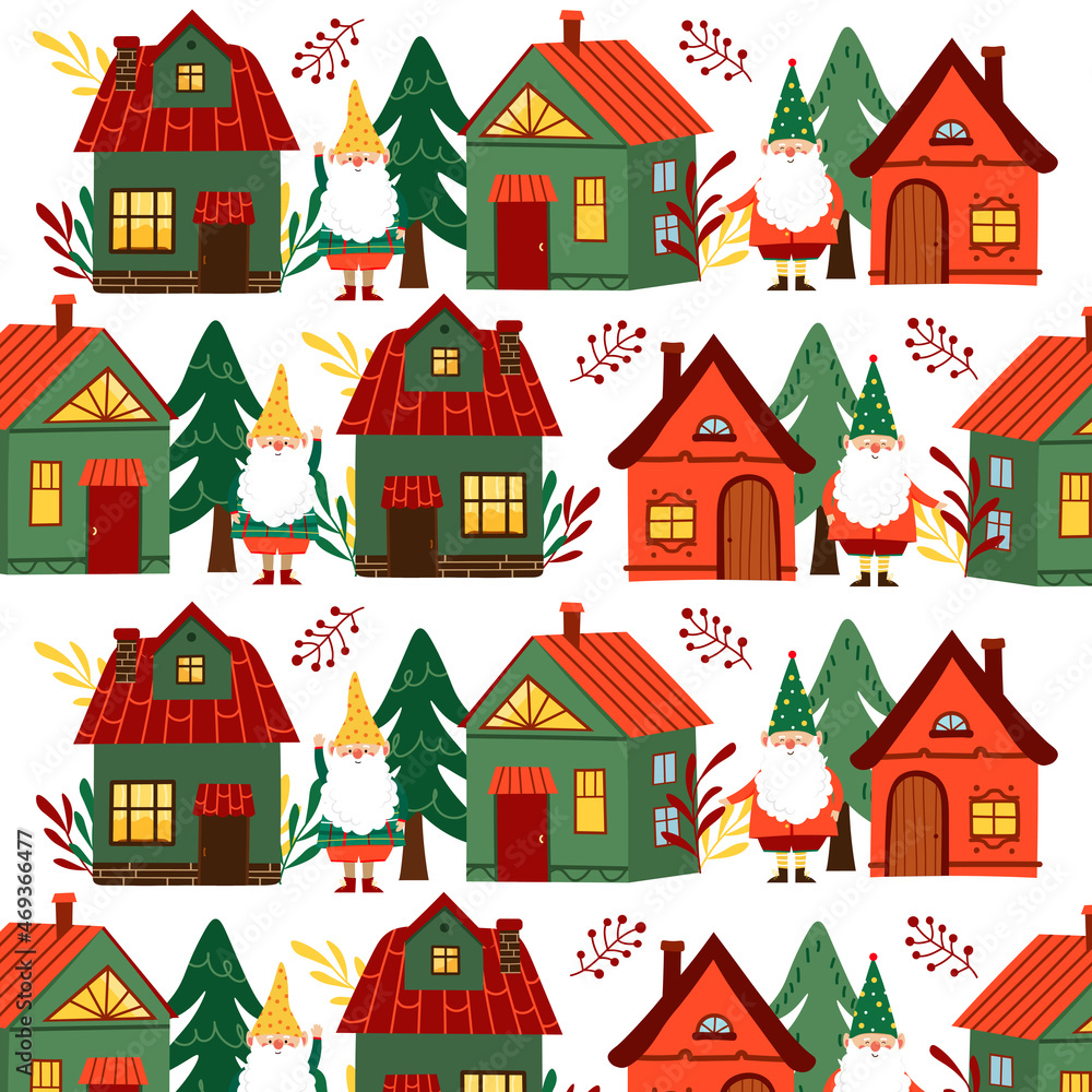 Cute cozy pattern with houses and little gnomes. Cute pattern with houses and gnomes for wrap paper