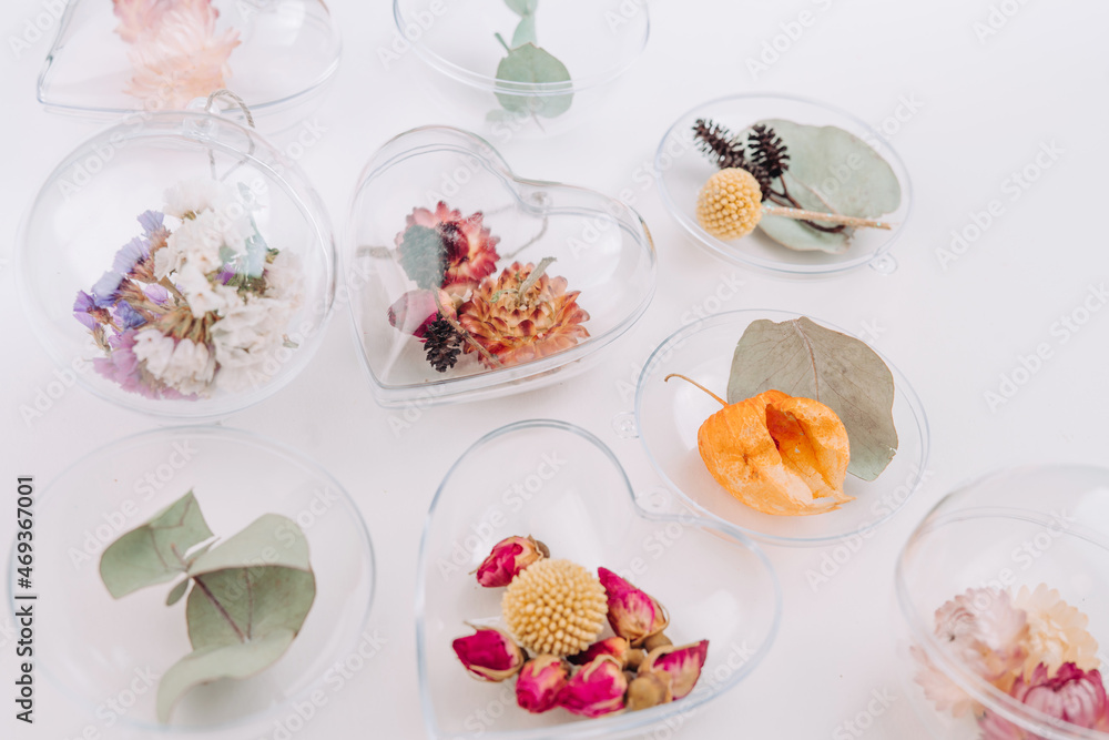 DIY ornaments filled with dried flowers on white background DIY ornaments filled with dried flowers on white background