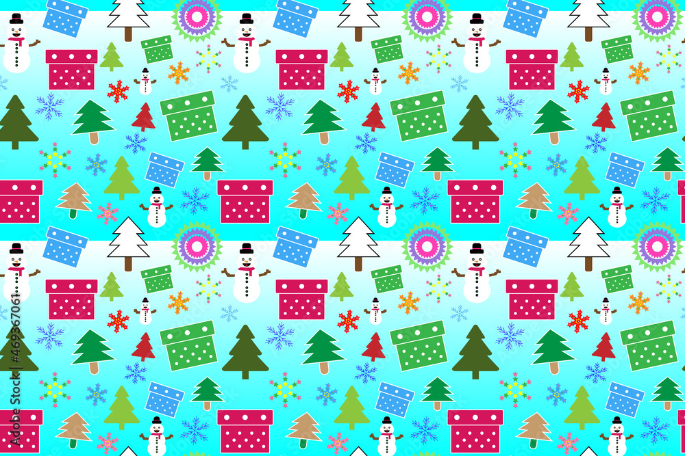 Christmas wrapping background pattern including trees, snowmen, snowflakes and gift boxes