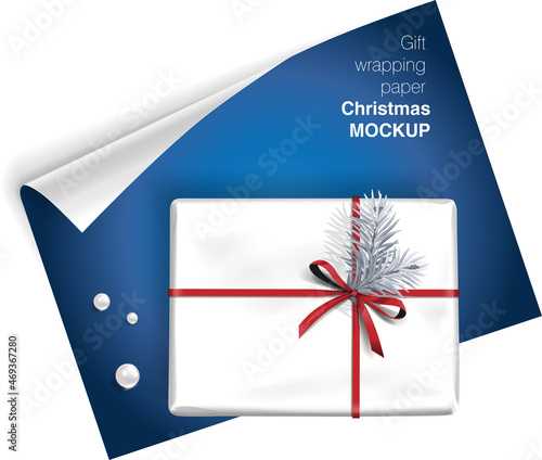 Vector gift wrapping paper rolls mock up, box with bow and Christmas decoration on light background. Template for your design with transparent shadows. 

