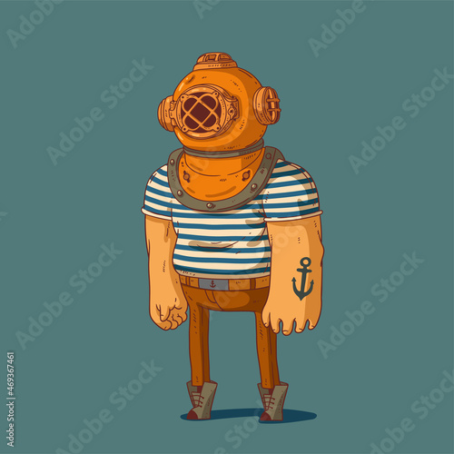 Huge old style diver. Sketch drawn vector illustration of a seaman with massive arms and anchor tatoo, wearing a tee with stripes ornament, trousers with a belt and an old style diver helmet