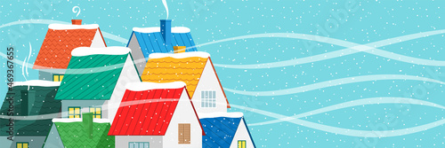 Magical winter village, with colorful little houses on a snowy landscape background. Christmas holydas vector illustration.