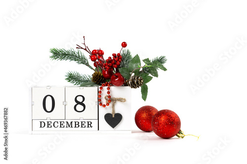 Frame with copy space for the calendar from wooden blocks for the month of December. Christmas Day, New Year. Advent calendar. December 8. Perpetual calendar.