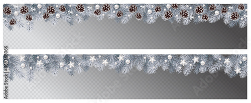 Vector border with white fir branches and with festive decoration elements on transparent background. Christmas tree garland with fir branches, pine cones, and glass decoration