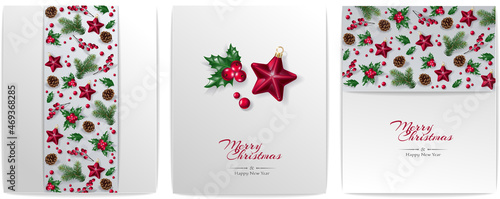 Christmas decorative border and background made of festive decoration elements. New Year concept. Red and green color. 