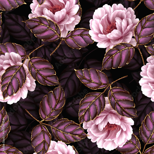 Seamless pattern with decorative rose flowers and leaves. Dark floral background