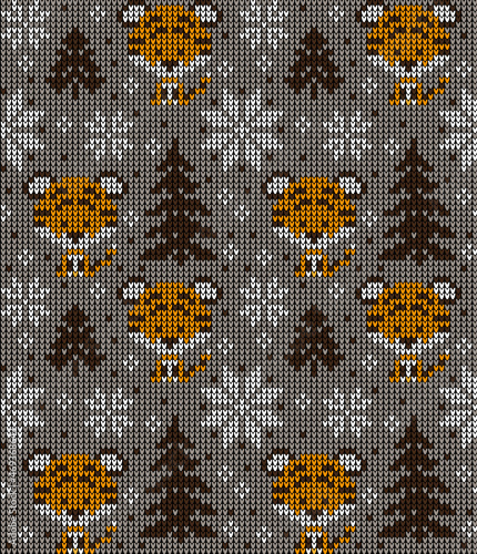 Knitted Christmas and New Year pattern in Tiger. Wool Knitting Sweater Design. Wallpaper wrapping paper textile print.