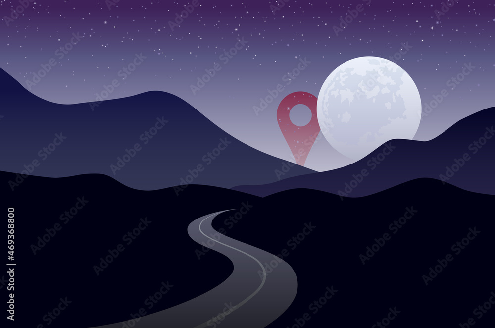 Obraz premium Impossible goal or destination, illustrated by putting map pin behind moon and stars, indicating it is farther than moon and stars and can't be reached by road