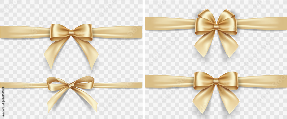 Set of satin decorative golden bows with horizontal yellow ribbon isolated on white background. Vector gold bow and gold ribbon - obrazy, fototapety, plakaty 