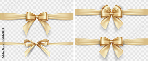 Set of satin decorative golden bows with horizontal yellow ribbon isolated on white background. Vector gold bow and gold ribbon