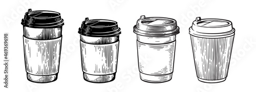 different cups with coffee or tea. hand drawing engraving