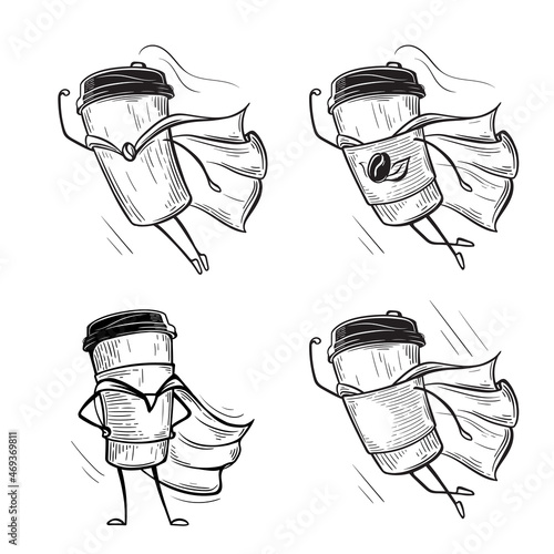paper cup with coffee super hero with a raincoat. hand drawing engraving