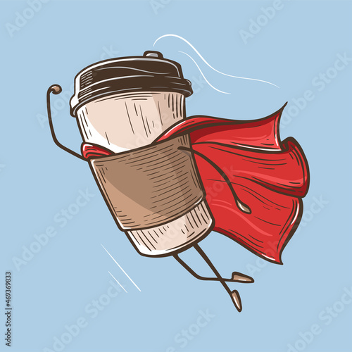 paper cup with coffee super hero with a raincoat. hand drawing engraving