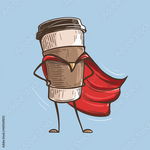 paper cup with coffee super hero with a raincoat. hand drawing engraving
