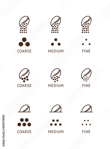 a set of coffee icons of different grinding coarse medium and fine