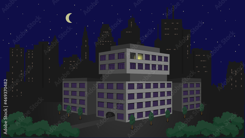 At night, a lonely office building against the background of the city. Vector illustration of the night city. A building with one bright window in the middle of the night. Light in one window.