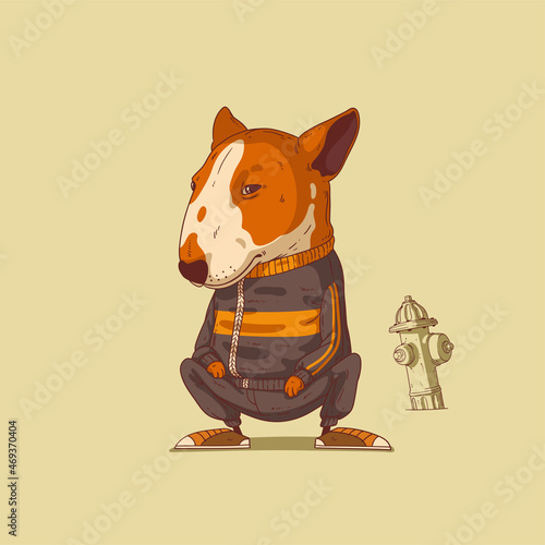 Sketch drawn vector illustration of humanized bull terrier. Anthropomorphic dog. Trendy animal character with human body. A dog thug wearing a sport suit and sneakers sitting silently on his haunches
