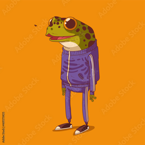 Sketch drawn vector illustration of humanized frog. Anthropomorphic frog. Trendy animal character with human body. Cheerful standing frog punk wearing a sport suit and sneakers watching a fly