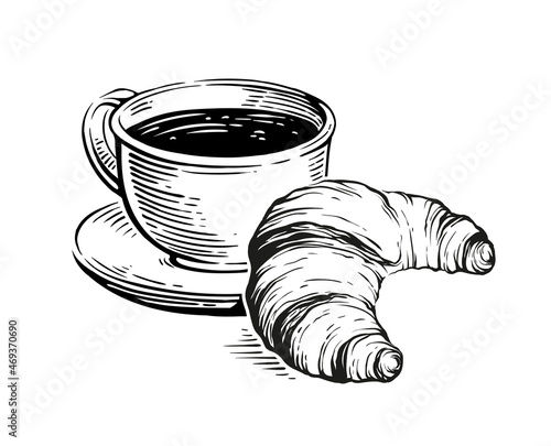 croissant coffee cup hand-drawn drawing crispy engraving retro style