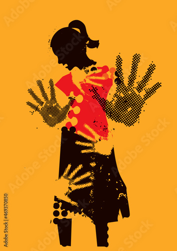 Stop violence against women, victim of sexual violence.
 Grunge stylized young woman silhuette with arms in defensive position and hand prints on the body. Vector available. photo