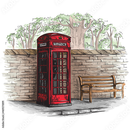 london telephone booth at a brick wall with a bench sketch