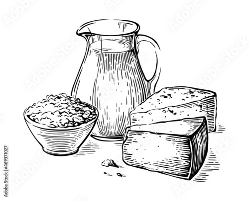 jug of milk with cottage cheese and a piece of cheese sketch