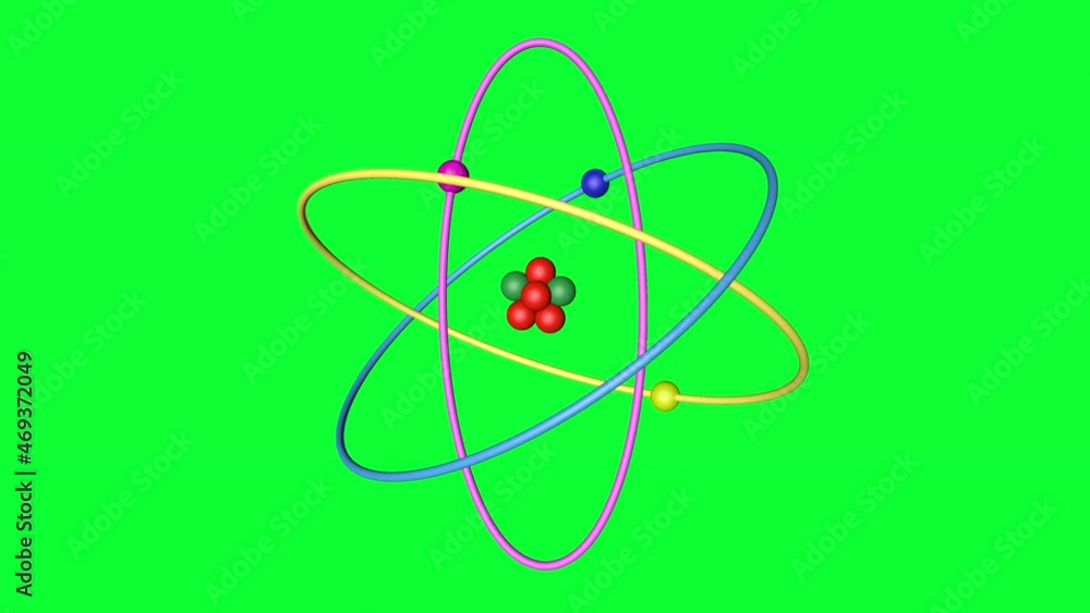 multicolored electrons revolve around the nucleus of an atom on a green background, close-up, 3d rendering multicolored electrons revolve around the nucleus of an atom on a green background, close-up, 3d rendering