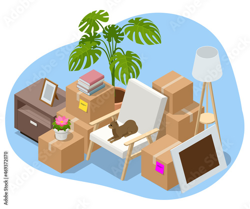 Isometric Furniture delivery, moving house service concept. Carton boxes with stuff. Relocation.