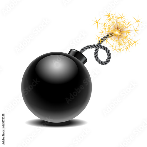 Round black bomb ready to explode with lit fuse