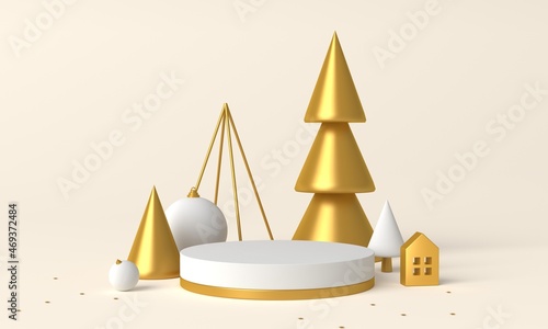 Golden Christmas trees, balls and podium for displaying products at the Christmas festival. 3d rendering