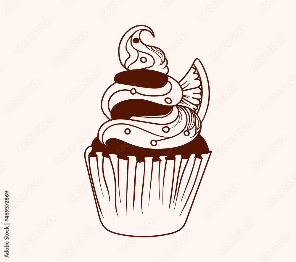 Vector hand drawn muffin with cream and orange, chocolate colors
Vector hand drawn muffin with cream and orange, chocolate colors