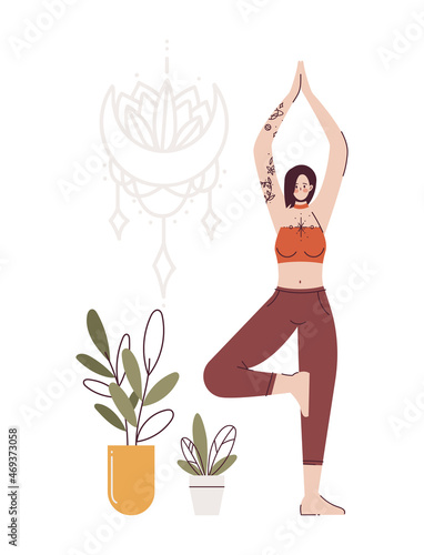 Young woman doing yoga exercises, practicing meditation and stretching. Female character in Vrikshasana pose in yoga studio or home with plants. Isolated on white background