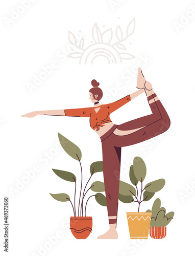 Young woman doing yoga exercises, practicing meditation and stretching. Female character in Natarajasana pose in yoga studio or home with plants. Isolated on white background