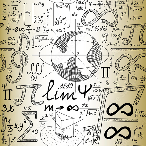Mathematical manunuscripts and technical drawings on the old paper, scientific vector seamless pattern	
