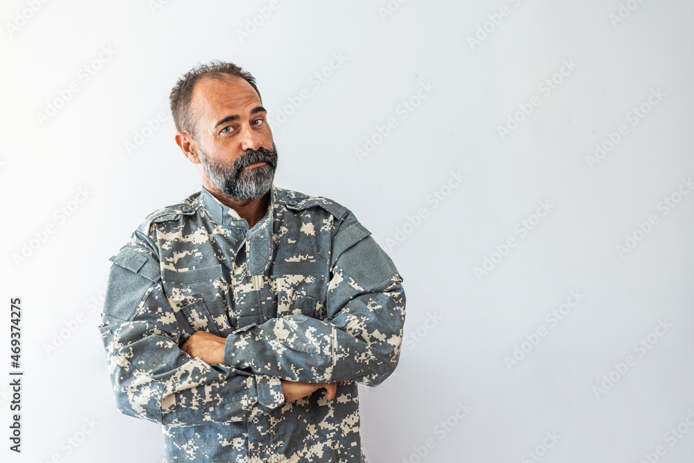 Portrait of a handsome man in his United States military uniform; copy space. Happy Military Man. US Mature soldier portrait. Handsome African american male soldier in the uniform of US forces