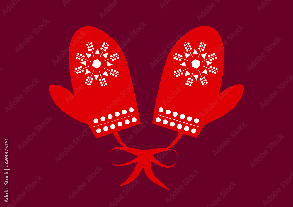 Winter red mittens with a Christmas pattern of white snowflakes and circles. Winter red mittens with a Christmas pattern of white snowflakes and circles.