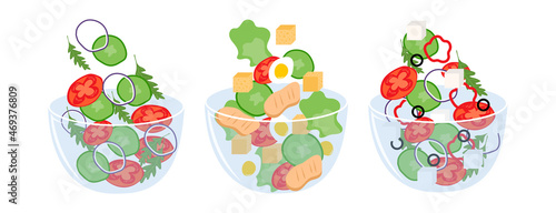 Set of Different salads: caesar, greek and vegetable salads. Flat Vector illustration.
