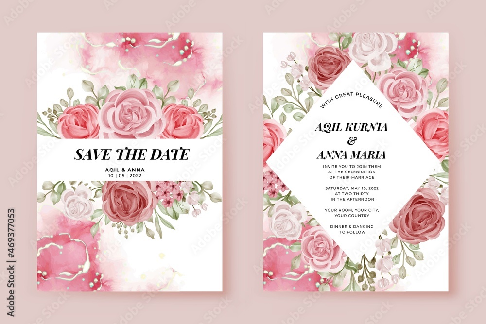 Romantic Wedding Invitation Set Rose Pink Flower Template