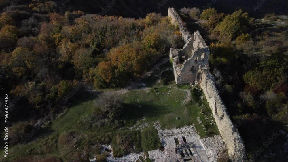 Ruins of the Mangup fortress in the Bakhchisarai district of Crimea. Flight over the fortress walls