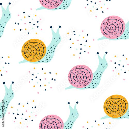 Cute cartoon snail seamless pattern. Children's funny background with snails. Scandinavian design for baby's pajamas, poster, office, bed linen. Vector illustration.