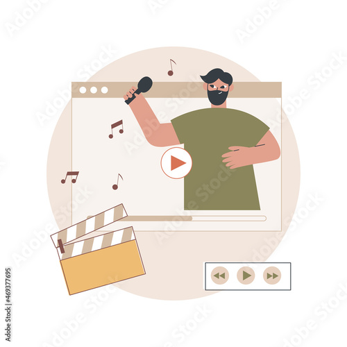 Music video abstract concept vector illustration. Official videoclip, internet and tv premiere, music video production, professional director, shooting crew, musician promotion abstract metaphor.