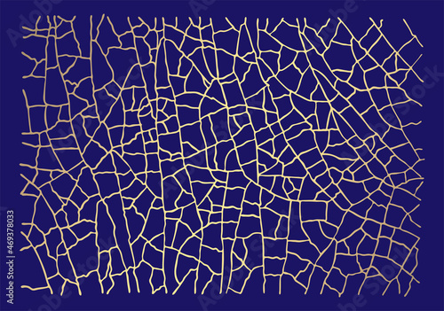 Golden cracked texture pattern on dark blue background. Kintsugi Japanese art style. Upcycling eco trend. Grunge gold craquelure ceramics effect Modern textile decor design. Vector