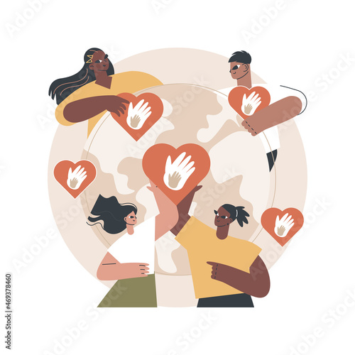 Social participation abstract concept vector illustration. Social engagement, team work, civil society participation, happy volunteers, charity people, clean garbage, plant trees abstract metaphor.