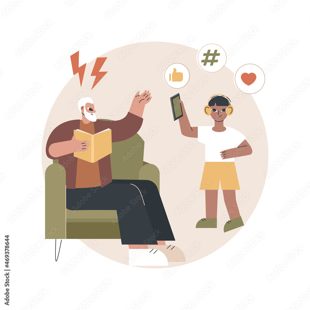 Conflict of generations abstract concept vector illustration. Generational conflict, ok boomer, intergenerational solidarity, communication adults and kids, son father, grow up abstract metaphor.