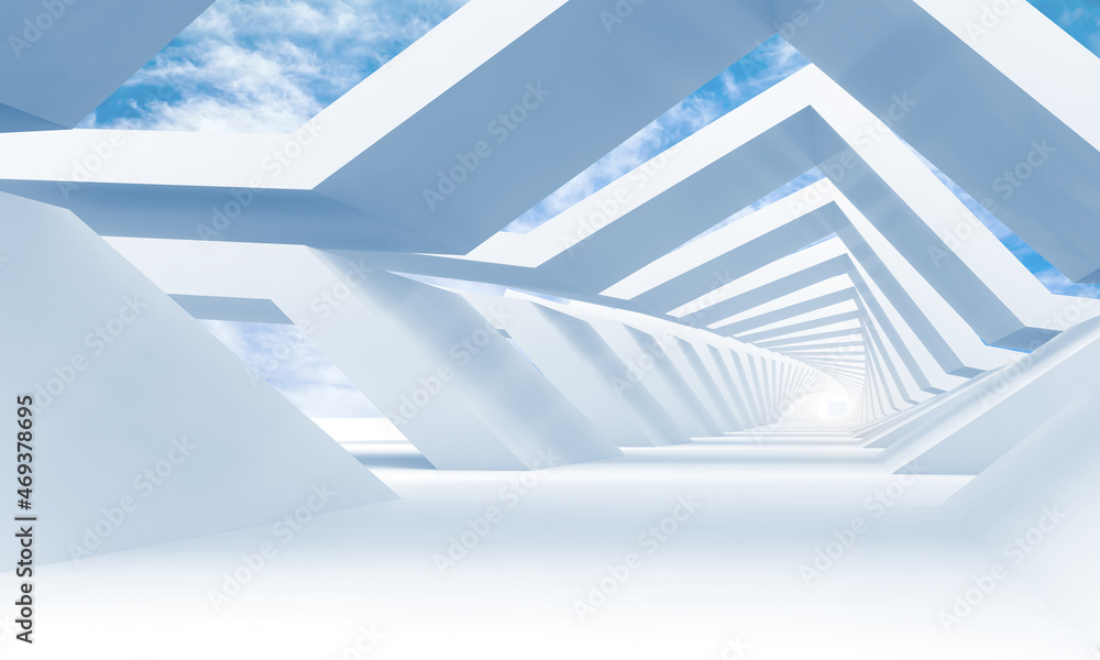 Obraz premium Abstract white tunnel perspective with cloudy sky on a background. 3d