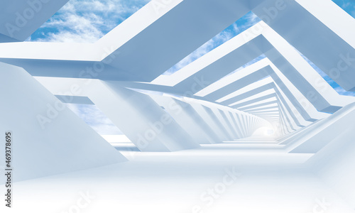 Fototapeta Naklejka Na Ścianę i Meble -  Abstract white tunnel perspective with cloudy sky on a background. 3d