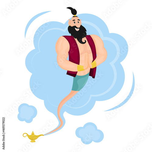 Genie came out of the magic lamp. Vector illustration