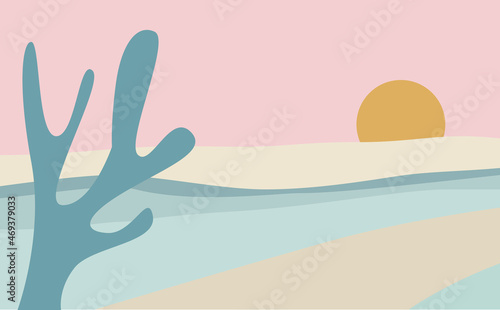 Abstract landscape with a rising sun and a plant in a free primitive style