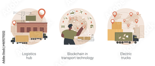 Global logistics center abstract concept vector illustration set. Logistics hub, blockchain in transport technology, electric trucks, commercial warehouse, automated freight track abstract metaphor.