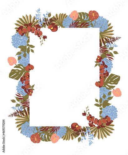 Dry tropical palm leaves, hydrangea, anthurium, orchid flowers empty border on white background.